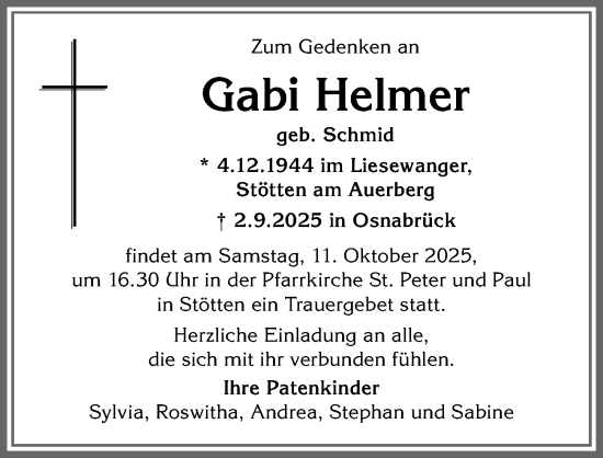 Traueranzeige von Gabi Helmer von Allgäuer Zeitung, Marktoberdorf