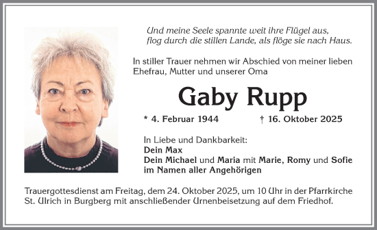 Traueranzeige von Gaby Rupp von Memminger Zeitung