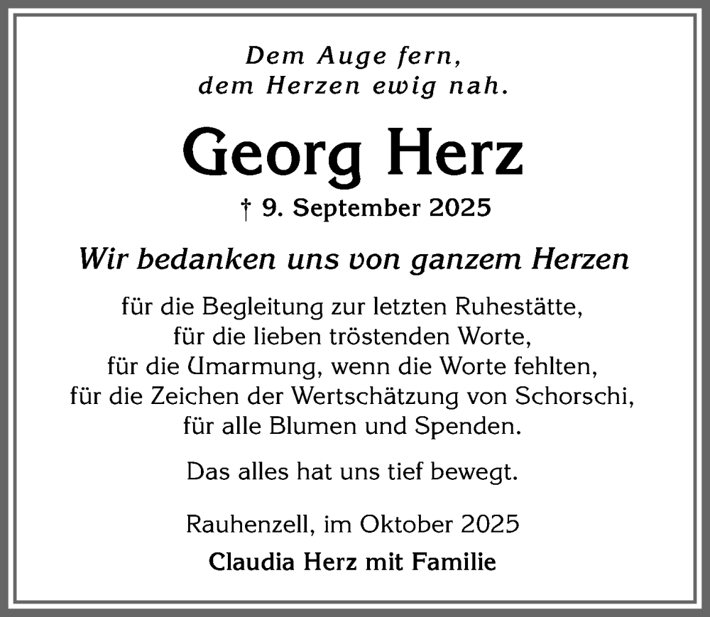 Traueranzeige für Georg Herz vom 04.10.2025 aus Allgäuer Anzeigeblatt