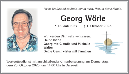 Traueranzeige von Georg Wörle von Allgäuer Zeitung, Kaufbeuren/Buchloe