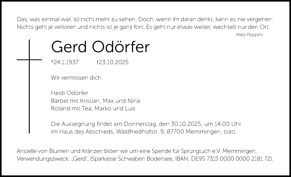  Traueranzeige für Gerd Odörfer vom 28.10.2025 aus Memminger Zeitung
