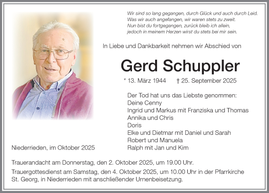 Traueranzeige von Gerd Schuppler von Memminger Zeitung