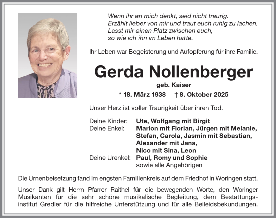 Traueranzeige von Gerda Nollenberger von Memminger Zeitung