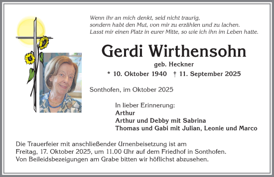 Traueranzeige von Gerdi Wirthensohn von Allgäuer Anzeigeblatt