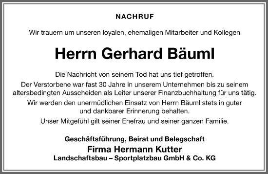 Traueranzeige von Gerhard Bäuml von Memminger Zeitung