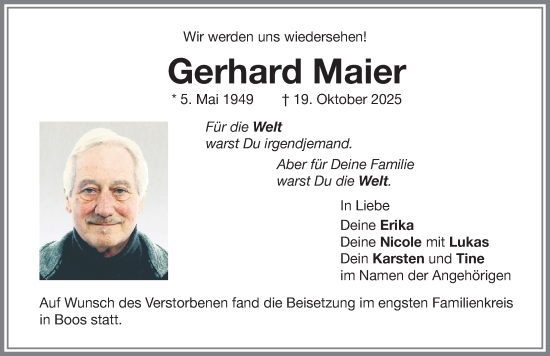 Traueranzeige von Gerhard Maier von Memminger Zeitung