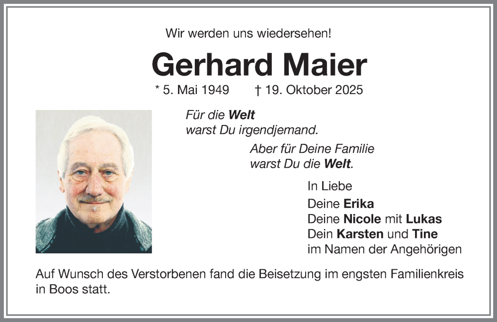  Traueranzeige für Gerhard Maier vom 31.10.2025 aus Memminger Zeitung