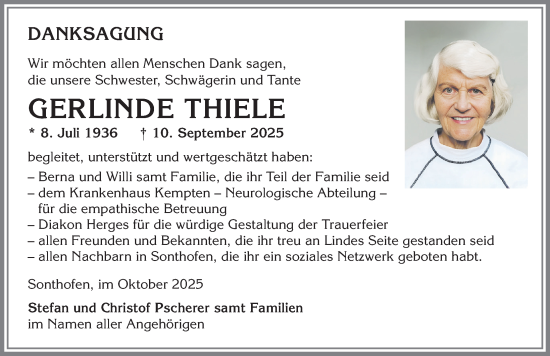 Traueranzeige von Gerlinde Thiele von Allgäuer Anzeigeblatt