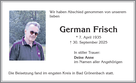 Traueranzeige von German Frisch von Allgäuer Zeitung,Kempten