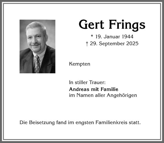 Traueranzeige von Gert Frings von Allgäuer Zeitung,Kempten