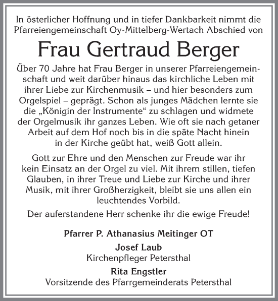 Traueranzeige von Gertraud Berger von Allgäuer Zeitung,Kempten