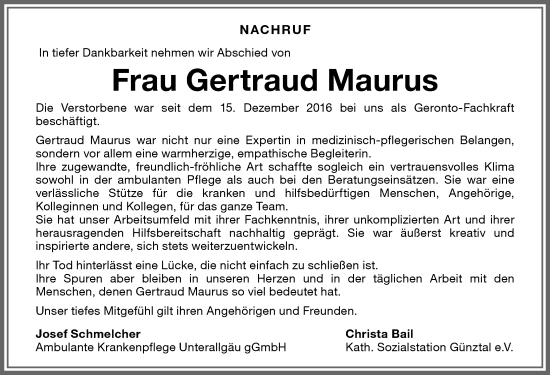 Traueranzeige von Gertraud Maurus von Memminger Zeitung