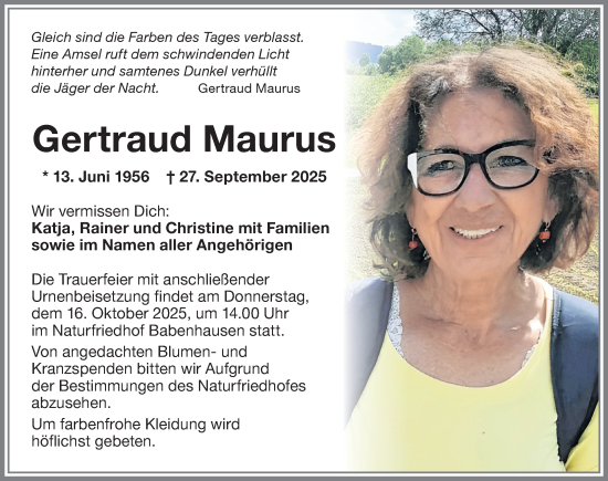 Traueranzeige von Gertraud Maurus von Memminger Zeitung
