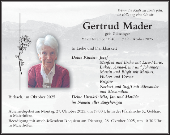 Traueranzeige von Gertrud Mader von Der Westallgäuer