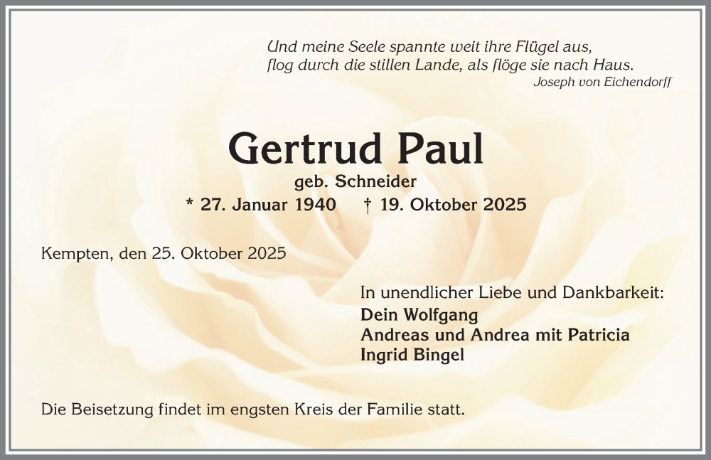  Traueranzeige für Gertrud Paul vom 25.10.2025 aus Allgäuer Zeitung,Kempten