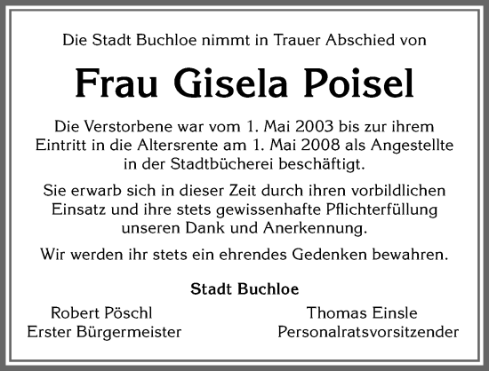 Traueranzeige von Gisela Poisel von Allgäuer Zeitung, Kaufbeuren/Buchloe