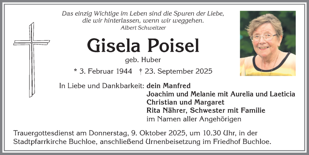  Traueranzeige für Gisela Poisel vom 04.10.2025 aus Allgäuer Zeitung, Kaufbeuren/Buchloe