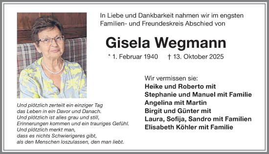Traueranzeige von Gisela Wegmann von Memminger Zeitung
