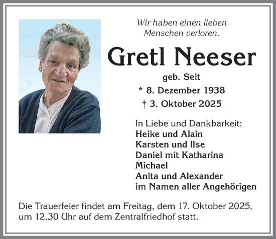 Traueranzeige von Gretl Neeser von Allgäuer Zeitung,Kempten