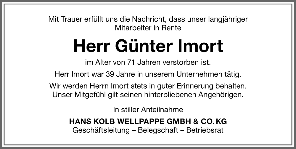  Traueranzeige für Günter Imort vom 20.10.2025 aus Memminger Zeitung