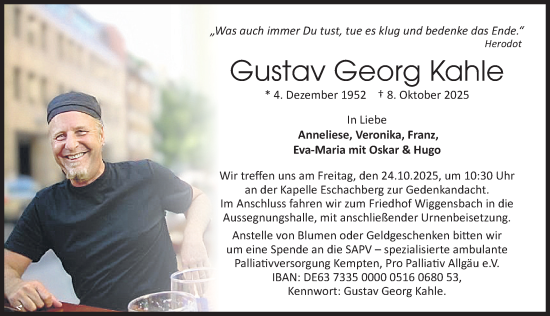 Traueranzeige von Gustav Georg Kahle von Allgäuer Zeitung,Kempten