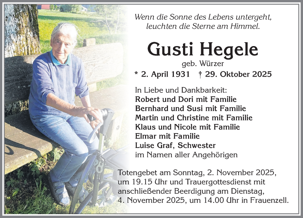  Traueranzeige für Gusti Hegele vom 31.10.2025 aus Allgäuer Zeitung,Kempten
