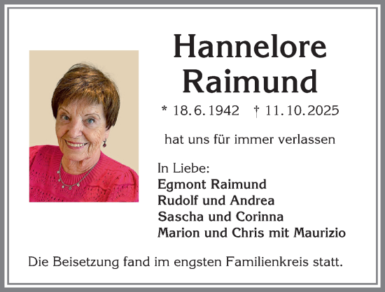 Traueranzeige von Hannelore Raimund von Allgäuer Zeitung,Kempten