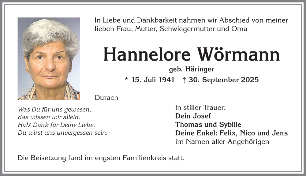  Traueranzeige für Hannelore Wörmann vom 25.10.2025 aus Allgäuer Zeitung,Kempten