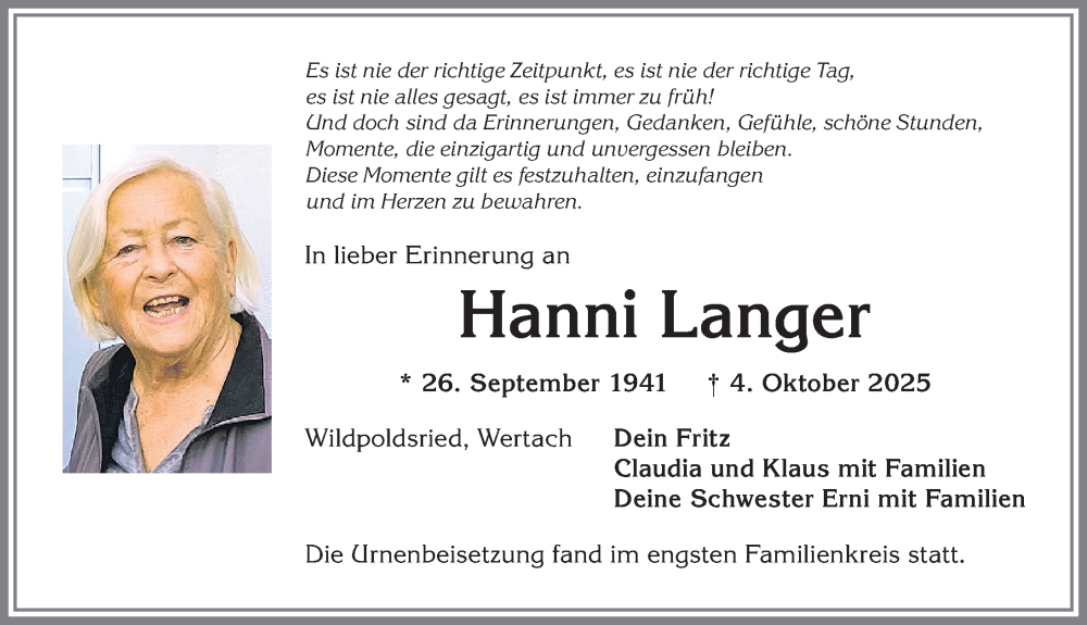  Traueranzeige für Hanni Langer vom 25.10.2025 aus Allgäuer Zeitung,Kempten