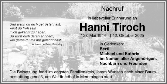 Traueranzeige von Hanni Tiroch von Memminger Zeitung