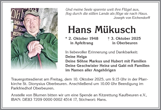 Traueranzeige von Hans Mükusch von Allgäuer Zeitung, Kaufbeuren/Buchloe