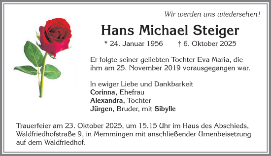 Traueranzeige von Hans Michael Steiger von Memminger Zeitung
