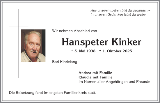 Traueranzeige von Hanspeter Kinker von Allgäuer Anzeigeblatt