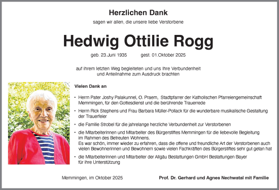 Traueranzeige von Hedwig Ottilie Rogg von Memminger Zeitung