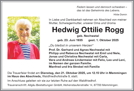 Traueranzeige von Hedwig Ottilie Rogg von Memminger Zeitung