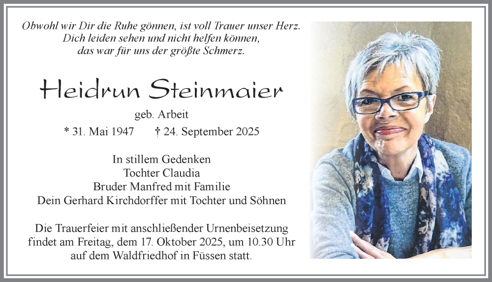  Traueranzeige für Heidrun Steinmaier vom 14.10.2025 aus Allgäuer Zeitung, Füssen