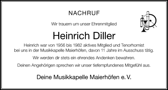 Traueranzeige von Heinrich Diller von Der Westallgäuer
