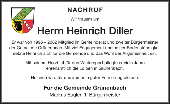 Traueranzeige von Heinrich Diller von Der Westallgäuer