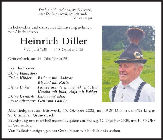 Traueranzeige von Heinrich Diller von Der Westallgäuer