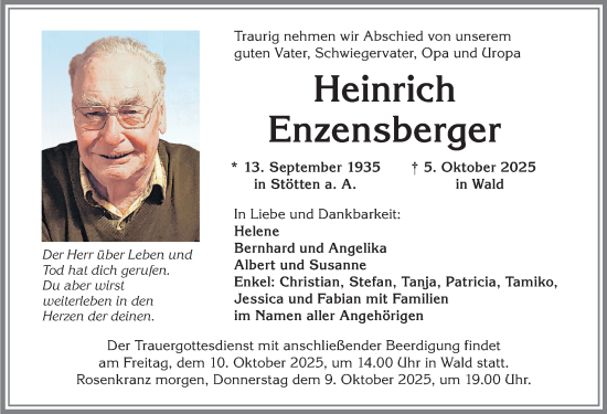 Traueranzeige von Heinrich Enzensberger von Allgäuer Zeitung, Marktoberdorf