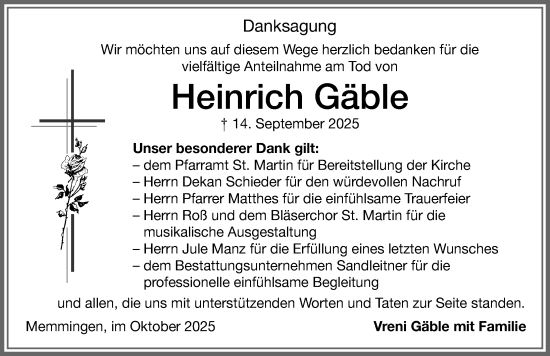 Traueranzeige von Heinrich Gäble von Memminger Zeitung