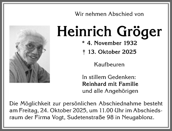 Traueranzeige von Heinrich Gröger von Allgäuer Zeitung, Kaufbeuren/Buchloe