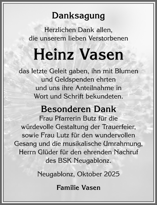 Traueranzeige von Heinz Vasen von Allgäuer Zeitung, Kaufbeuren/Buchloe