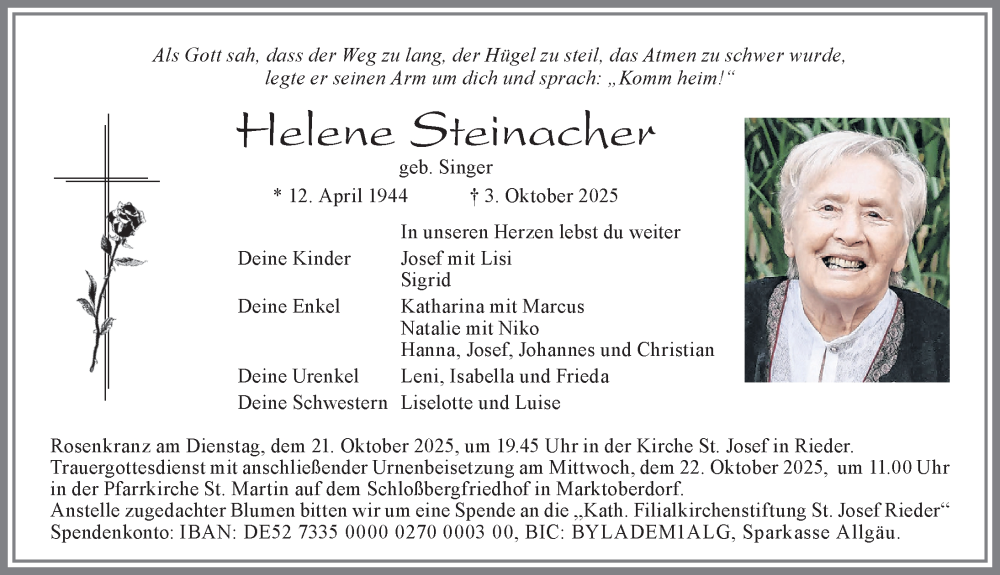  Traueranzeige für Helene Steinacher vom 18.10.2025 aus Allgäuer Zeitung, Marktoberdorf
