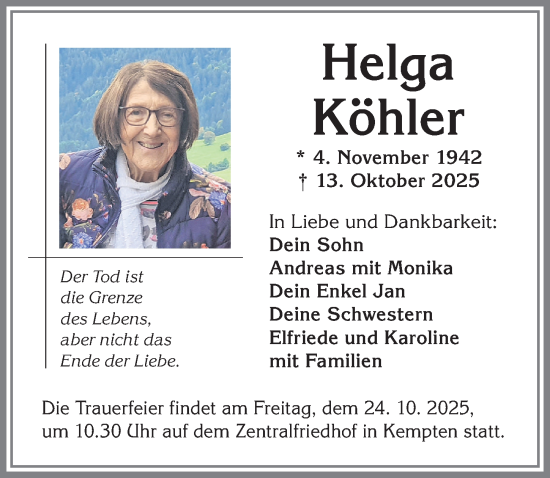 Traueranzeige von Helga Köhler von Allgäuer Zeitung,Kempten
