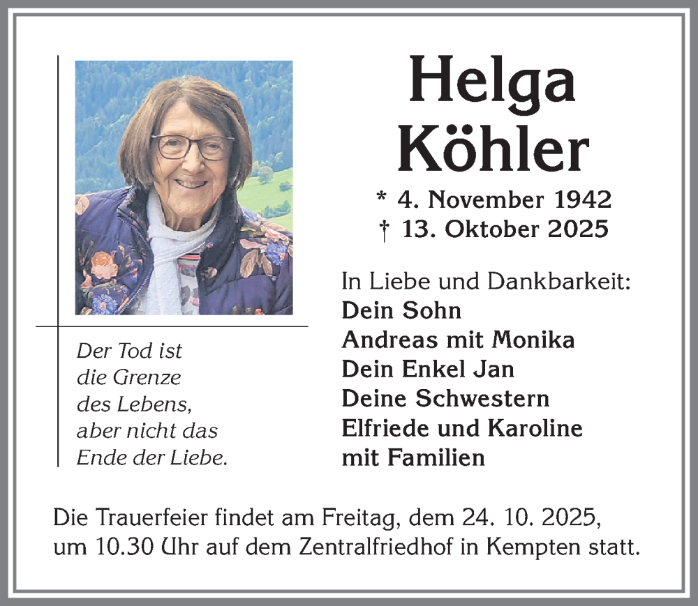  Traueranzeige für Helga Köhler vom 18.10.2025 aus Allgäuer Zeitung,Kempten