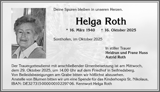 Traueranzeige von Helga Roth von Allgäuer Anzeigeblatt