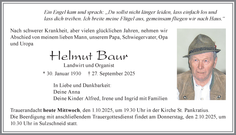  Traueranzeige für Helmut Baur vom 01.10.2025 aus Allgäuer Zeitung, Marktoberdorf