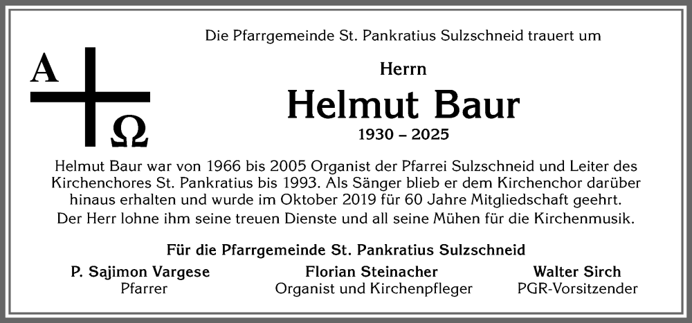  Traueranzeige für Helmut Baur vom 02.10.2025 aus Allgäuer Zeitung, Marktoberdorf