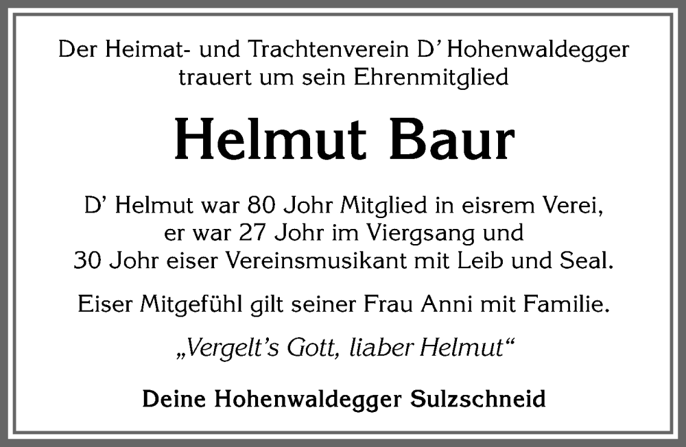  Traueranzeige für Helmut Baur vom 02.10.2025 aus Allgäuer Zeitung, Marktoberdorf